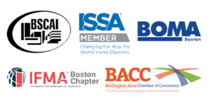 Logos of BSCAI, ISSA, BOMA Boston, IFMA Boston Chapter, and Burlington Area Chamber of Commerce highlighting Transcend Maintenance Services professional memberships and affiliations.