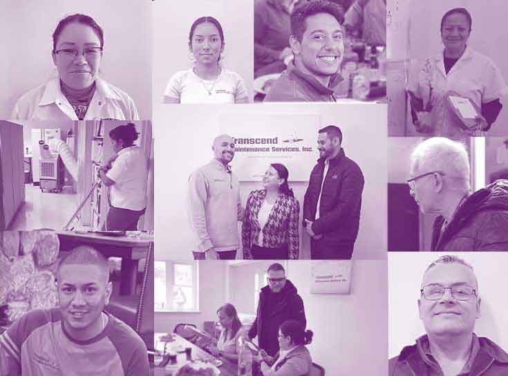 Collage of Transcend Maintenance Services team members smiling, collaborating, and working together to deliver high-quality cleaning and facility services.