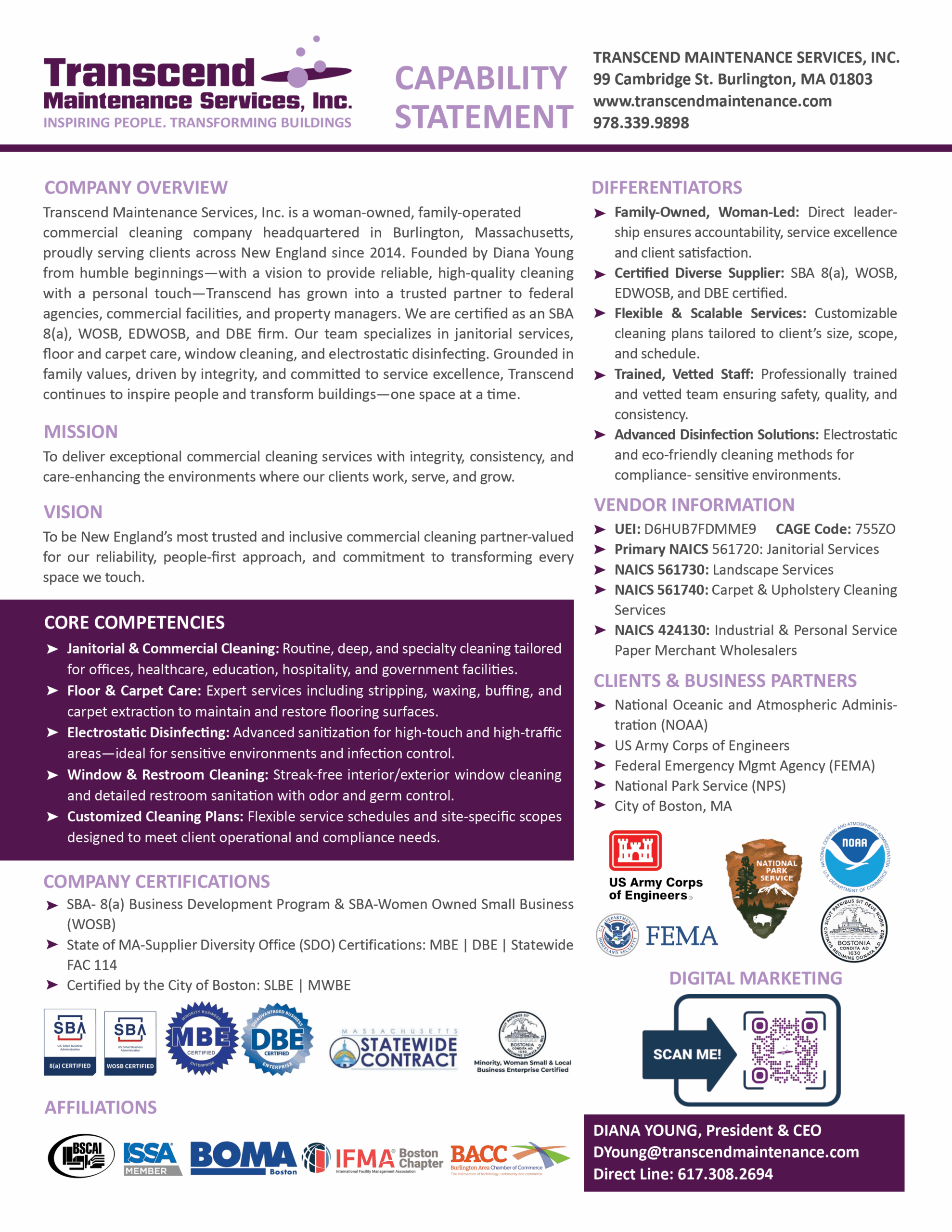 Transcend Maintenance Services capability statement highlighting commercial cleaning services, certifications (MBE, DBE, WOSB, 8a), core competencies, and clients including the U.S. Army Corps of Engineers, FEMA, and the City of Boston.