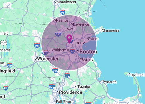 Service area map showing Transcend Maintenance commercial cleaning coverage across Boston, Worcester, Providence, and Southern New Hampshire.
