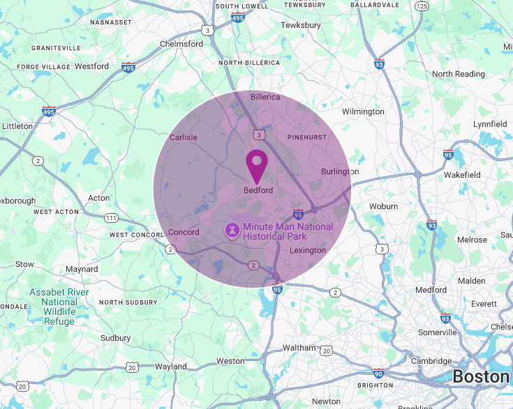 Service area map highlighting Bedford, Massachusetts and nearby towns where Transcend Maintenance provides professional commercial cleaning services.