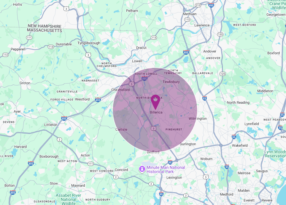 Service area map highlighting Billerica, Massachusetts and surrounding towns where Transcend Maintenance provides commercial cleaning services.