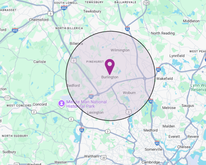 Service area map highlighting Burlington, Massachusetts and nearby towns where Transcend Maintenance provides professional commercial cleaning services.