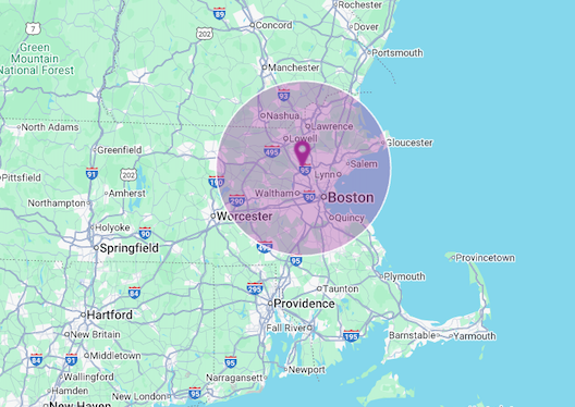 Primary service area map showing Transcend Maintenance commercial cleaning coverage across Greater Boston, Worcester, Southern New Hampshire, and Rhode Island.