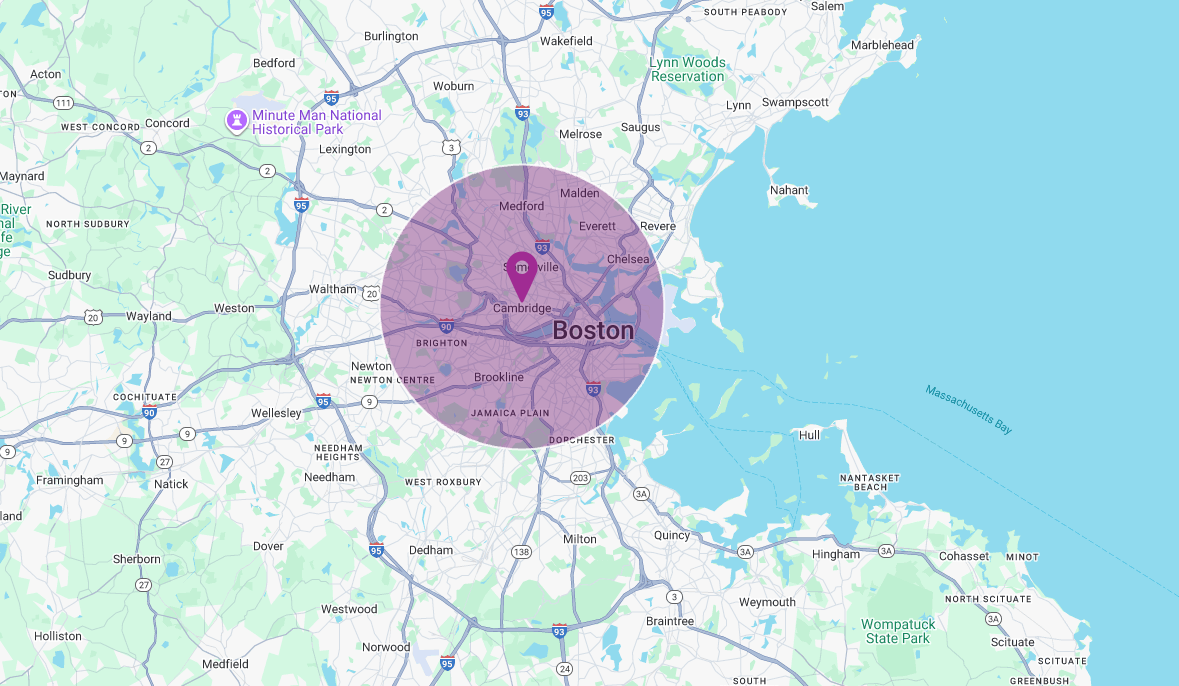 Service area map highlighting Cambridge, Massachusetts and surrounding Boston neighborhoods where Transcend Maintenance provides commercial cleaning services.