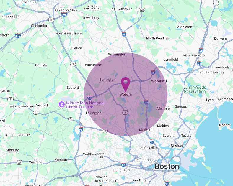 Service area map highlighting Woburn, Massachusetts and surrounding communities where Transcend Maintenance delivers commercial cleaning services.
